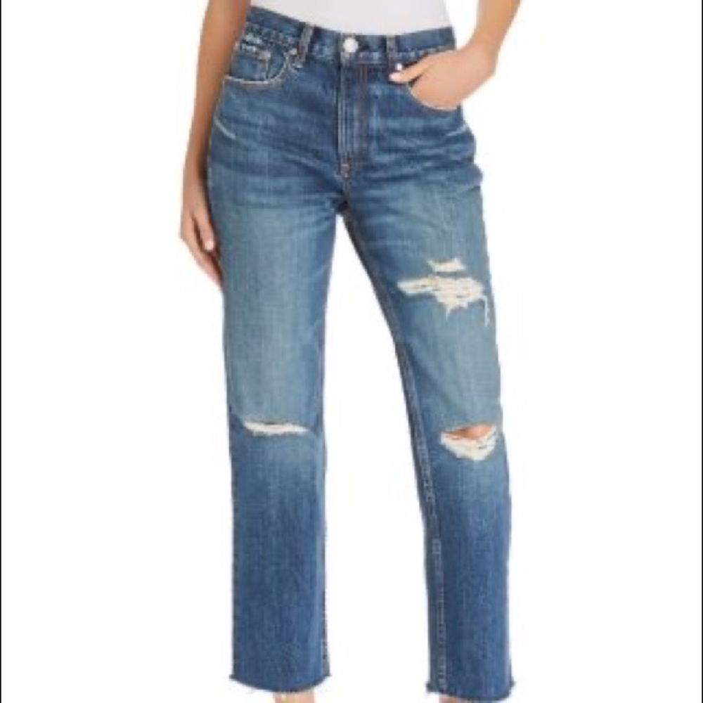 Rag & Bone High Rise Distressed Straight Cropped Jeans with Chewed Hems